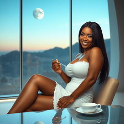 A realistic full-body image of a mature woman, around 50 years old, featuring straight black hair and light brown mulatto characteristics