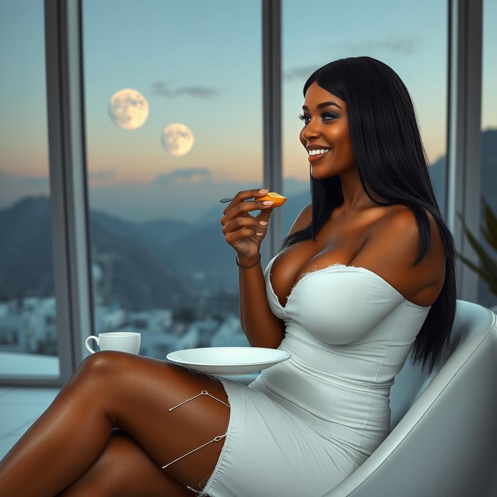 A realistic full-body image of a mature woman, around 50 years old, featuring straight black hair and light brown mulatto characteristics