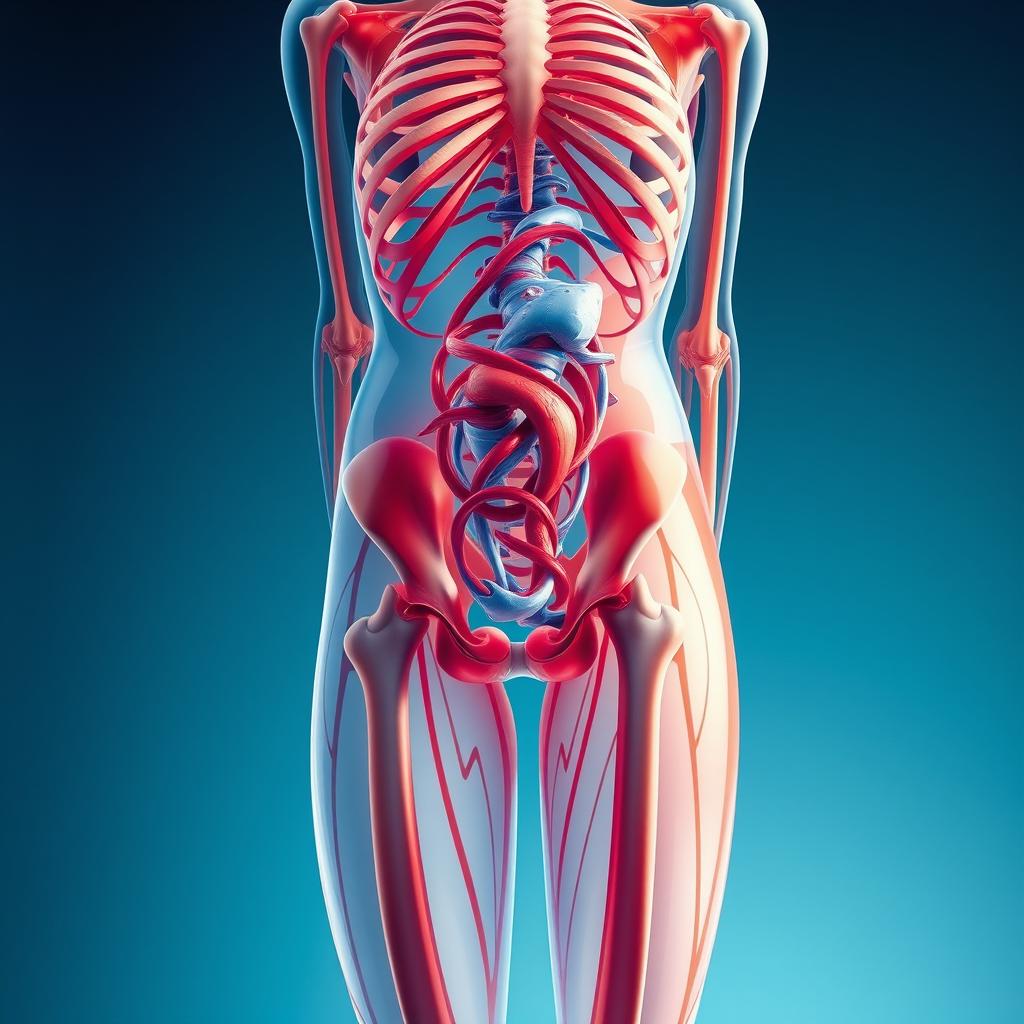 An abstract, colorful representation of the human body, showcasing the complex anatomical structure with intricate details