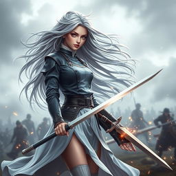 A beautiful girl with long, flowing silver hair, caught in a fierce wind, creating an ethereal effect as her hair swirls around her
