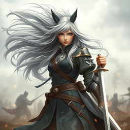 A beautiful girl with long, flowing silver hair, caught in a fierce wind, creating an ethereal effect as her hair swirls around her