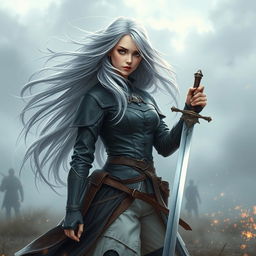 A beautiful girl with long, flowing silver hair, caught in a fierce wind, creating an ethereal effect as her hair swirls around her