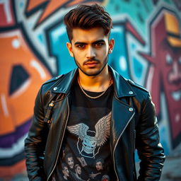 A dynamic portrait of a young Iranian rap artist, Reza Pishro, portraying him with an intense look of focus and confidence