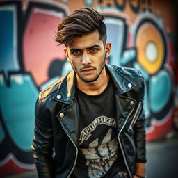 A dynamic portrait of a young Iranian rap artist, Reza Pishro, portraying him with an intense look of focus and confidence