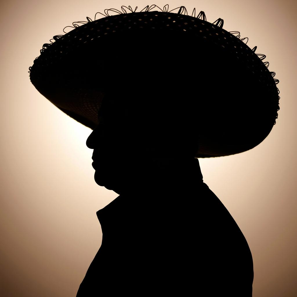 A Mexican man wearing a large traditional Mexican sombrero, his face is completely dark, creating an intriguing silhouette effect