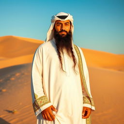 An Arabic Sheikh dressed in a traditional luxurious white thobe and a stylish agal, with intricate embroidery on the cuffs of the sleeves