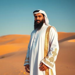 An Arabic Sheikh dressed in a traditional luxurious white thobe and a stylish agal, with intricate embroidery on the cuffs of the sleeves