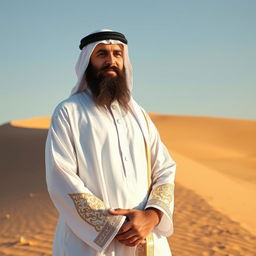 An Arabic Sheikh dressed in a traditional luxurious white thobe and a stylish agal, with intricate embroidery on the cuffs of the sleeves