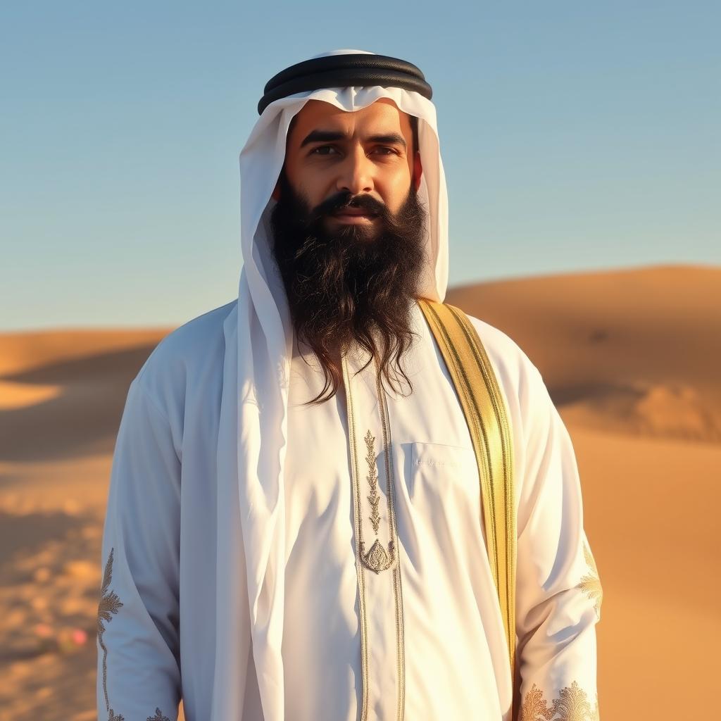 An Arabic Sheikh dressed in a traditional luxurious white thobe and a stylish agal, with intricate embroidery on the cuffs of the sleeves