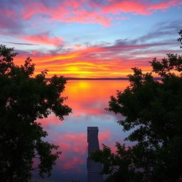 A serene landscape featuring a vibrant sunset over a calm lake, with reflections of colorful clouds on the water's surface