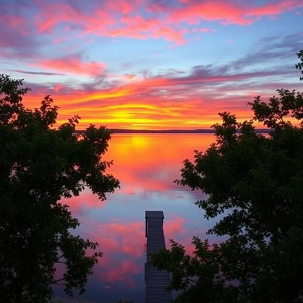A serene landscape featuring a vibrant sunset over a calm lake, with reflections of colorful clouds on the water's surface