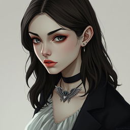 A very pale woman with dark brown, slightly wavy hair that falls to mid-back length, parted to the side and styled to be out of her face