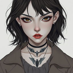 A very pale woman with dark brown, slightly wavy hair that falls to mid-back length, parted to the side and styled to be out of her face