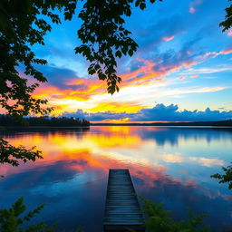 A serene landscape featuring a vibrant sunset over a calm lake, with reflections of colorful clouds on the water's surface