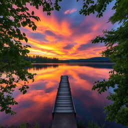 A serene landscape featuring a vibrant sunset over a calm lake, with reflections of colorful clouds on the water's surface