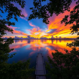 A serene landscape featuring a vibrant sunset over a calm lake, with reflections of colorful clouds on the water's surface