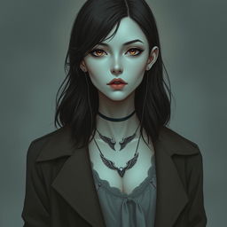 A very pale woman with dark brown, slightly wavy hair that falls to mid-back length, parted to the side and styled to be out of her face