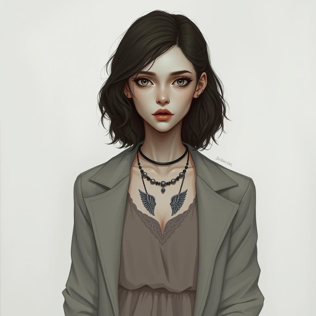 A very pale woman with dark brown, slightly wavy hair that falls to mid-back length, parted to the side and styled to be out of her face