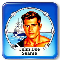 A close-up of a seaman's identification card, featuring a bold, clear photograph of a muscular, tanned male seaman with short, wavy dark hair