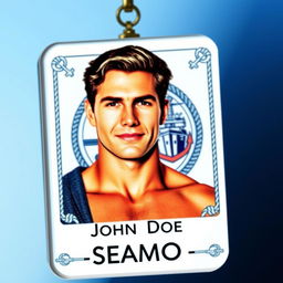 A close-up of a seaman's identification card, featuring a bold, clear photograph of a muscular, tanned male seaman with short, wavy dark hair