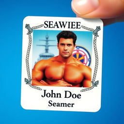 A close-up of a seaman's identification card, featuring a bold, clear photograph of a muscular, tanned male seaman with short, wavy dark hair