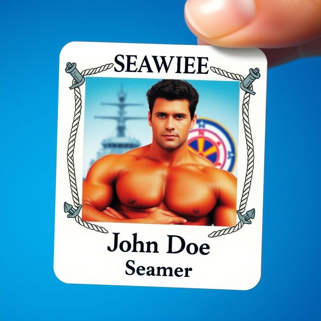 A close-up of a seaman's identification card, featuring a bold, clear photograph of a muscular, tanned male seaman with short, wavy dark hair