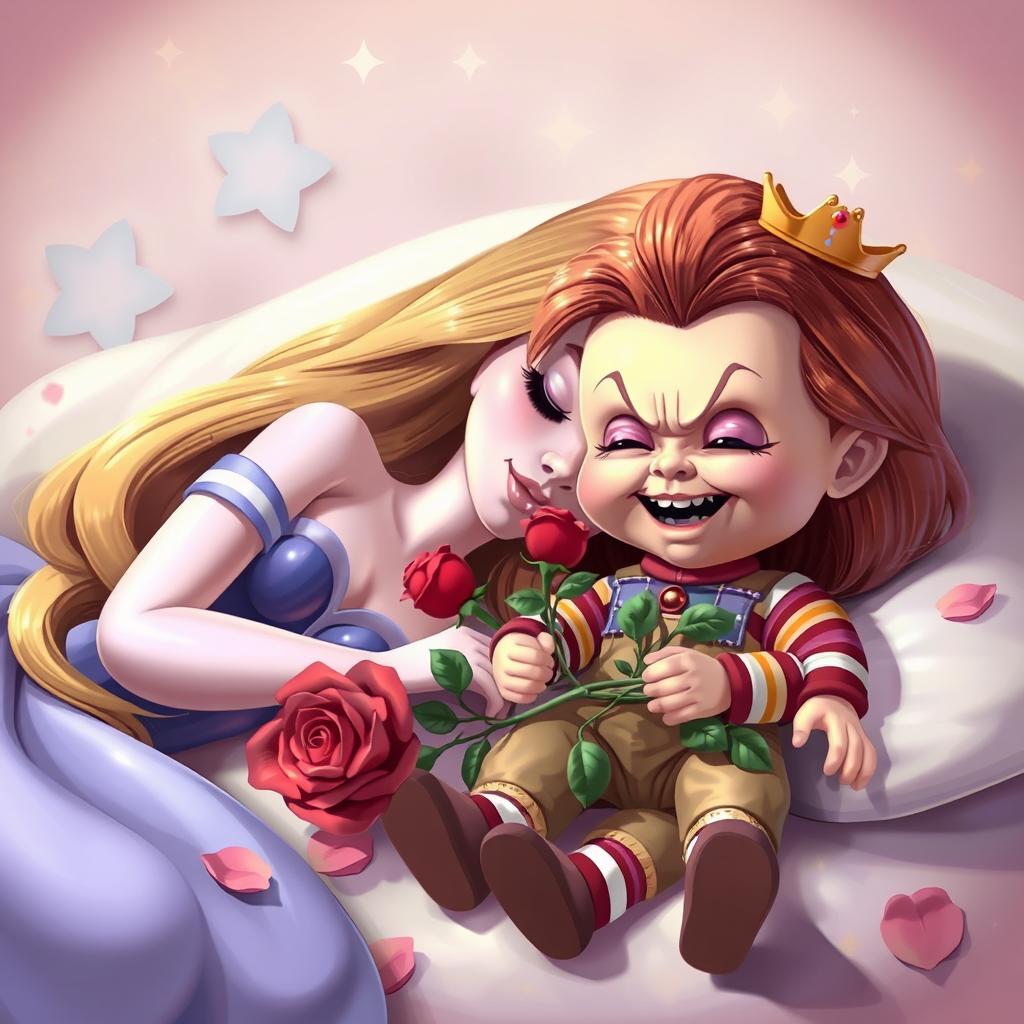 A whimsical and imaginative scene featuring a cartoon-style Sleeping Beauty elegantly lying down, her long flowing hair framing her serene face