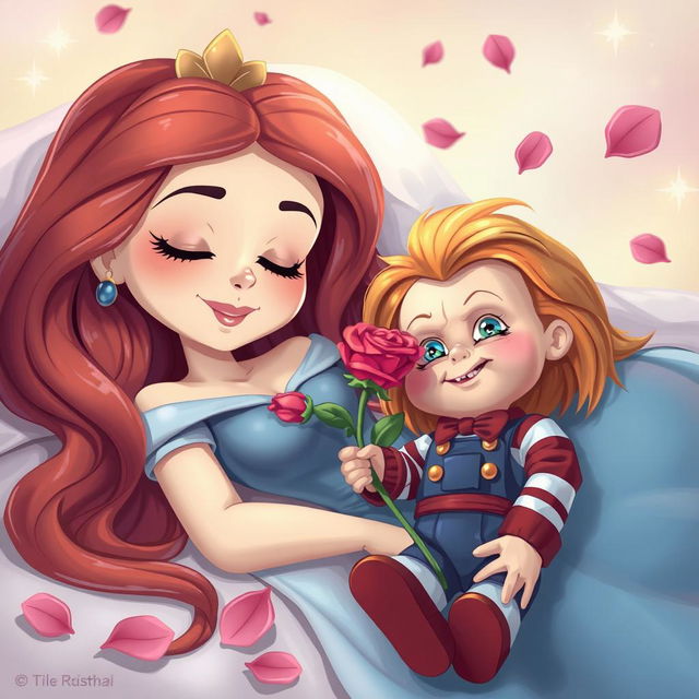A whimsical and imaginative scene featuring a cartoon-style Sleeping Beauty elegantly lying down, her long flowing hair framing her serene face