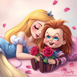 A whimsical and imaginative scene featuring a cartoon-style Sleeping Beauty elegantly lying down, her long flowing hair framing her serene face