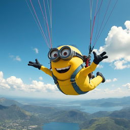 A large minion flying through the sky while paragliding, wearing a bright yellow jumpsuit and goggles, with a huge smile on its face