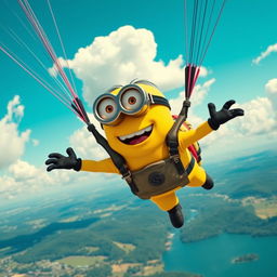 A large minion flying through the sky while paragliding, wearing a bright yellow jumpsuit and goggles, with a huge smile on its face