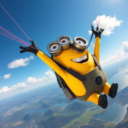 A large minion flying through the sky while paragliding, wearing a bright yellow jumpsuit and goggles, with a huge smile on its face