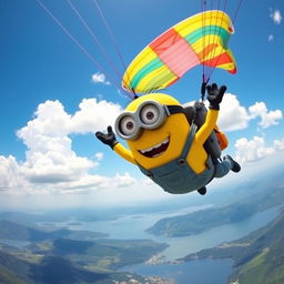 A large minion flying through the sky while paragliding, wearing a bright yellow jumpsuit and goggles, with a huge smile on its face