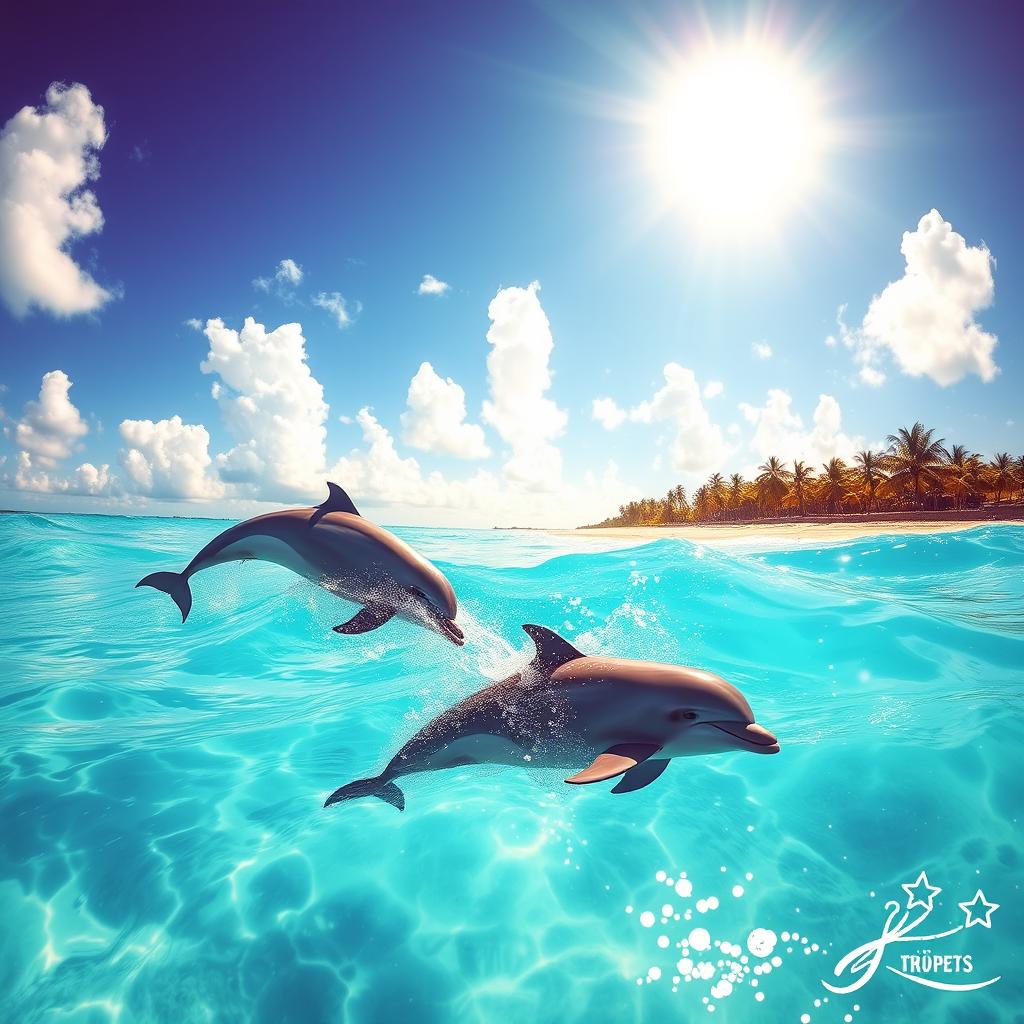 A vibrant, sunny seascape featuring playful dolphins leaping gracefully through the crystal-clear turquoise waters