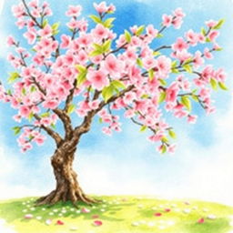 A beautiful and serene watercolor painting depicting a cherry blossom tree in full bloom