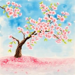 A beautiful and serene watercolor painting depicting a cherry blossom tree in full bloom