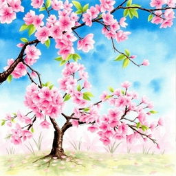 A beautiful and serene watercolor painting depicting a cherry blossom tree in full bloom