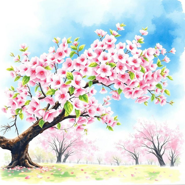 A beautiful and serene watercolor painting depicting a cherry blossom tree in full bloom