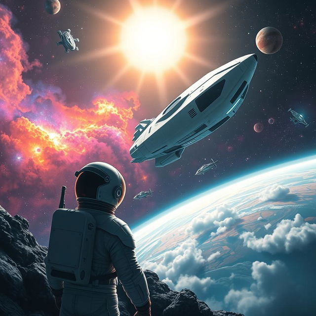 A stunning space exploration scene featuring a sleek, futuristic spaceship soaring through the vastness of space, surrounded by vibrant nebulae and distant galaxies