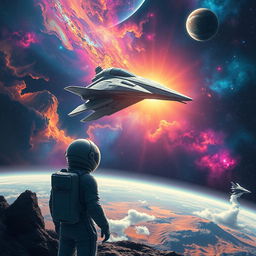 A stunning space exploration scene featuring a sleek, futuristic spaceship soaring through the vastness of space, surrounded by vibrant nebulae and distant galaxies