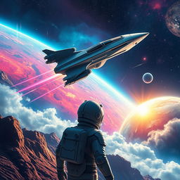 A stunning space exploration scene featuring a sleek, futuristic spaceship soaring through the vastness of space, surrounded by vibrant nebulae and distant galaxies