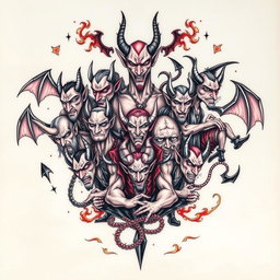 A beautifully intricate tattoo design featuring ten distinct and stylistically unique devils, each exhibiting different personality traits and expressions