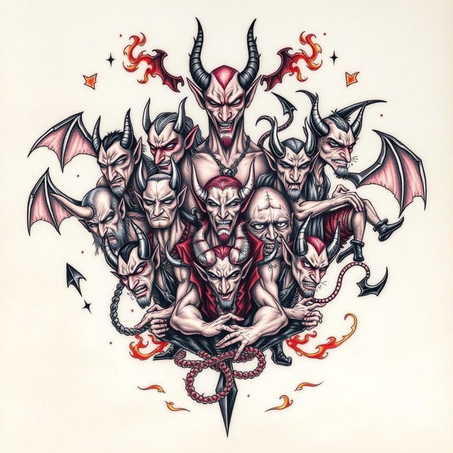 A beautifully intricate tattoo design featuring ten distinct and stylistically unique devils, each exhibiting different personality traits and expressions