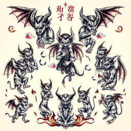 A beautifully intricate tattoo design featuring ten distinct and stylistically unique devils, each exhibiting different personality traits and expressions