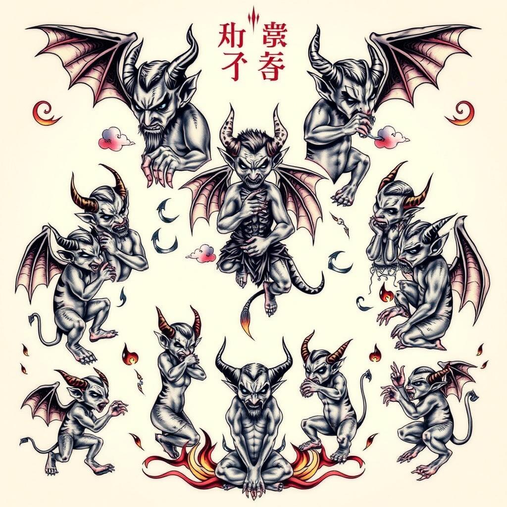A beautifully intricate tattoo design featuring ten distinct and stylistically unique devils, each exhibiting different personality traits and expressions