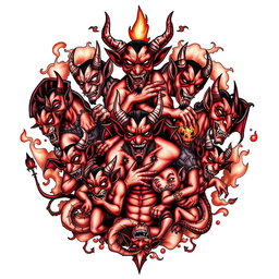 A beautifully intricate tattoo design featuring ten distinct and stylistically unique devils, each exhibiting different personality traits and expressions