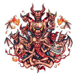 A beautifully intricate tattoo design featuring ten distinct and stylistically unique devils, each exhibiting different personality traits and expressions