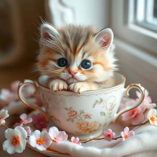 A raw, heartwarming photograph of an adorable fluffy kitten nestled comfortably inside a delicate, vintage-style teacup