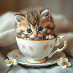 A raw, heartwarming photograph of an adorable fluffy kitten nestled comfortably inside a delicate, vintage-style teacup