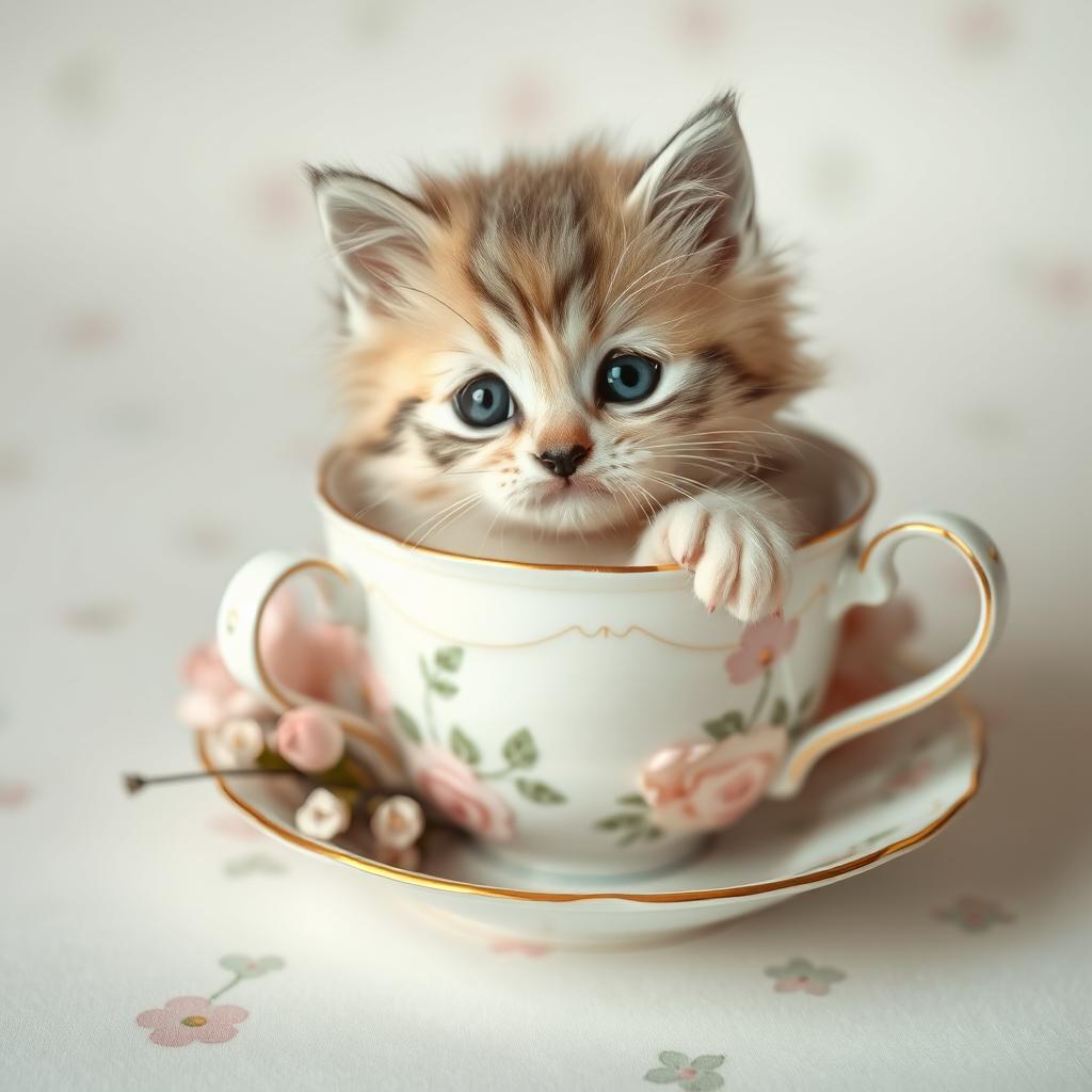 A raw, heartwarming photograph of an adorable fluffy kitten nestled comfortably inside a delicate, vintage-style teacup